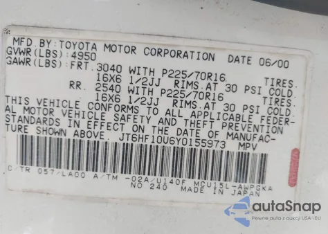 2000 Lexus Rx 300 z USA, uszkodzony, nr VIN JT6HF10U6Y0155973